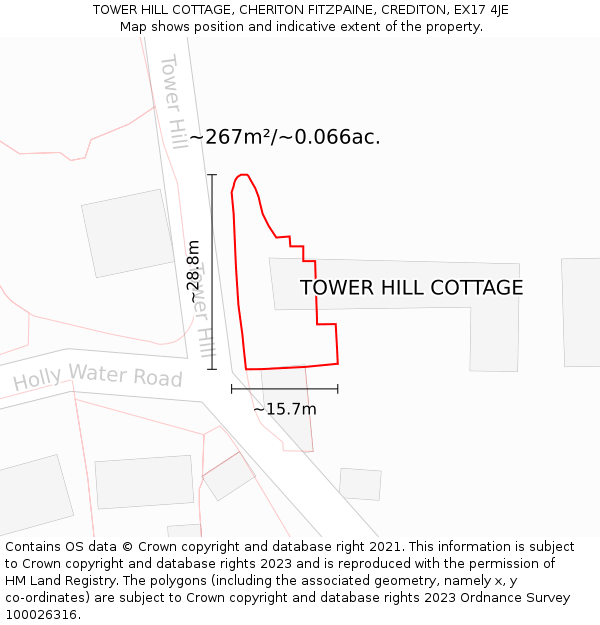 TOWER HILL COTTAGE, CHERITON FITZPAINE, CREDITON, EX17 4JE: Plot and title map