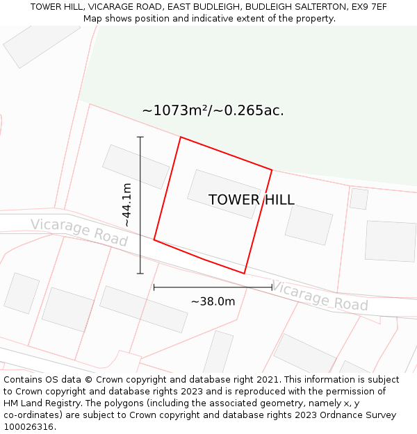 TOWER HILL, VICARAGE ROAD, EAST BUDLEIGH, BUDLEIGH SALTERTON, EX9 7EF: Plot and title map