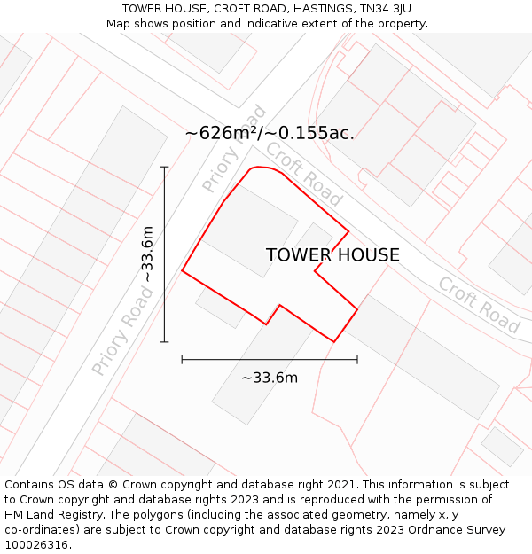 TOWER HOUSE, CROFT ROAD, HASTINGS, TN34 3JU: Plot and title map