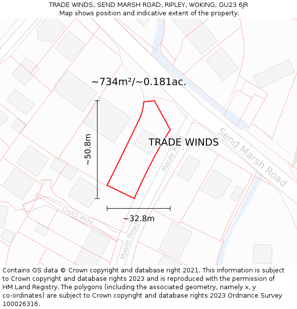 TRADE WINDS, SEND MARSH ROAD, RIPLEY, WOKING, GU23 6JR: Plot and title map