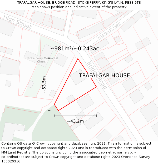 TRAFALGAR HOUSE, BRIDGE ROAD, STOKE FERRY, KING'S LYNN, PE33 9TB: Plot and title map