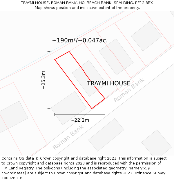 TRAYMI HOUSE, ROMAN BANK, HOLBEACH BANK, SPALDING, PE12 8BX: Plot and title map