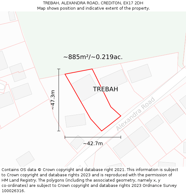 TREBAH, ALEXANDRA ROAD, CREDITON, EX17 2DH: Plot and title map