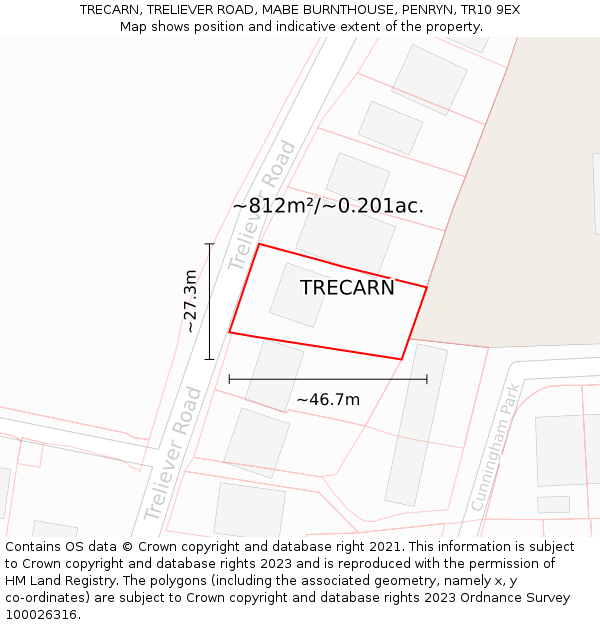 TRECARN, TRELIEVER ROAD, MABE BURNTHOUSE, PENRYN, TR10 9EX: Plot and title map