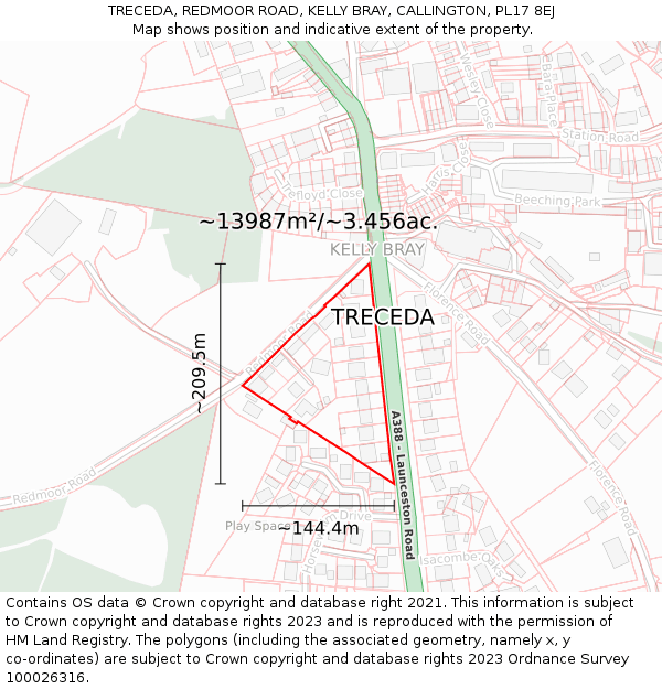 TRECEDA, REDMOOR ROAD, KELLY BRAY, CALLINGTON, PL17 8EJ: Plot and title map