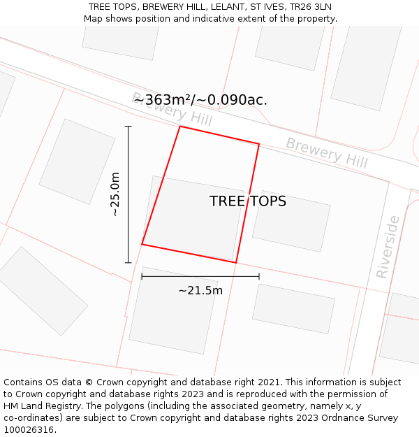 TREE TOPS, BREWERY HILL, LELANT, ST IVES, TR26 3LN: Plot and title map