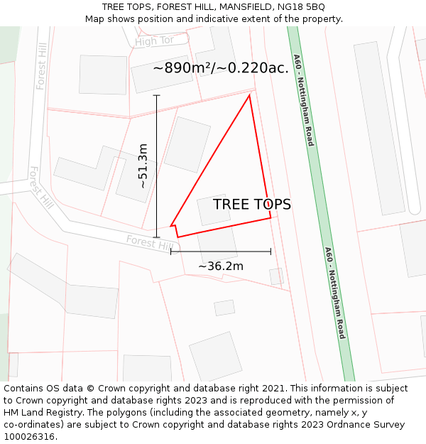 TREE TOPS, FOREST HILL, MANSFIELD, NG18 5BQ: Plot and title map
