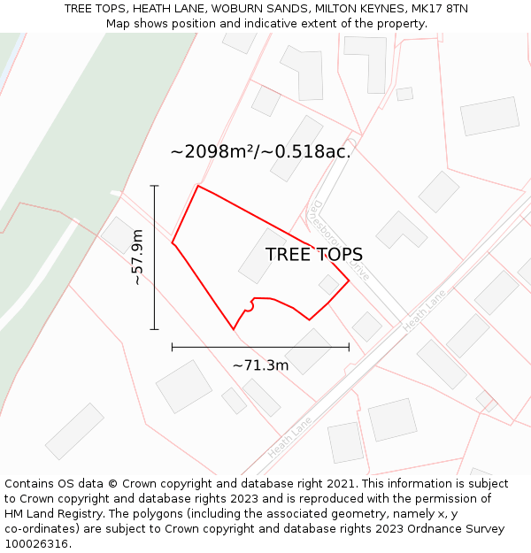 TREE TOPS, HEATH LANE, WOBURN SANDS, MILTON KEYNES, MK17 8TN: Plot and title map