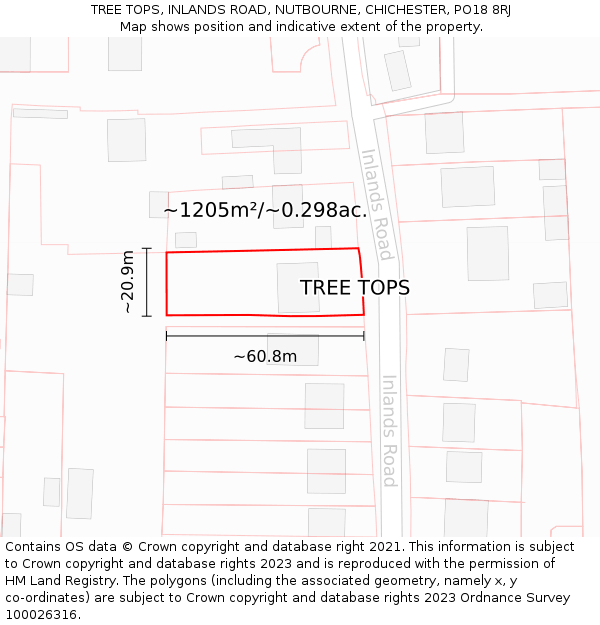 TREE TOPS, INLANDS ROAD, NUTBOURNE, CHICHESTER, PO18 8RJ: Plot and title map