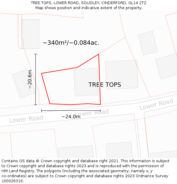 TREE TOPS, LOWER ROAD, SOUDLEY, CINDERFORD, GL14 2TZ: Plot and title map