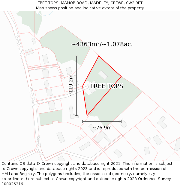 TREE TOPS, MANOR ROAD, MADELEY, CREWE, CW3 9PT: Plot and title map