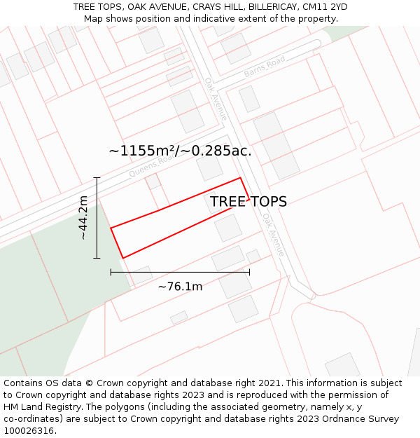 TREE TOPS, OAK AVENUE, CRAYS HILL, BILLERICAY, CM11 2YD: Plot and title map