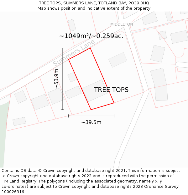 TREE TOPS, SUMMERS LANE, TOTLAND BAY, PO39 0HQ: Plot and title map