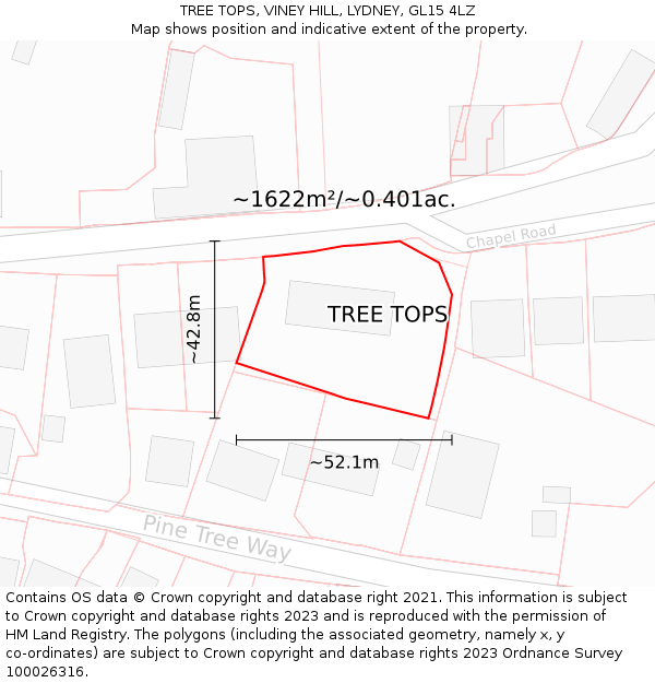 TREE TOPS, VINEY HILL, LYDNEY, GL15 4LZ: Plot and title map