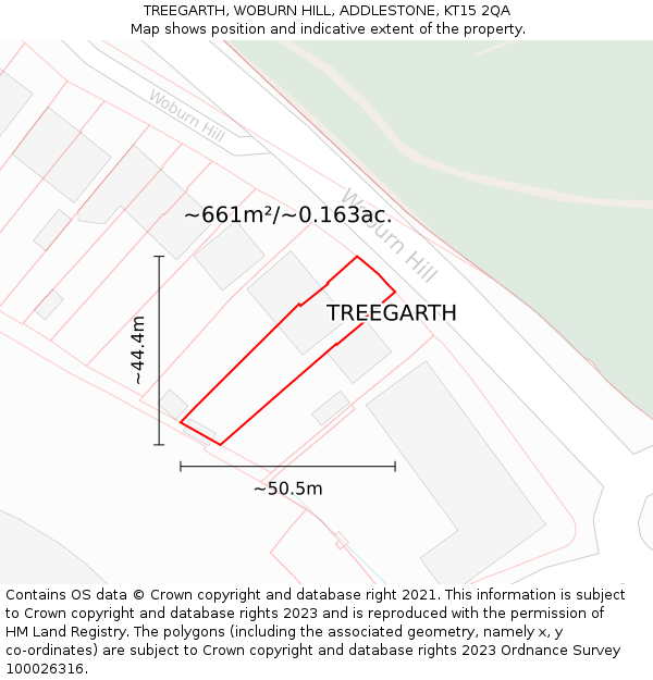 TREEGARTH, WOBURN HILL, ADDLESTONE, KT15 2QA: Plot and title map