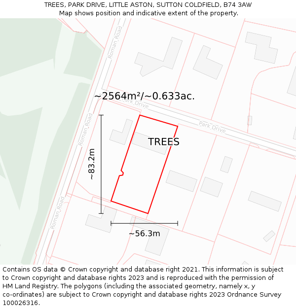 TREES, PARK DRIVE, LITTLE ASTON, SUTTON COLDFIELD, B74 3AW: Plot and title map