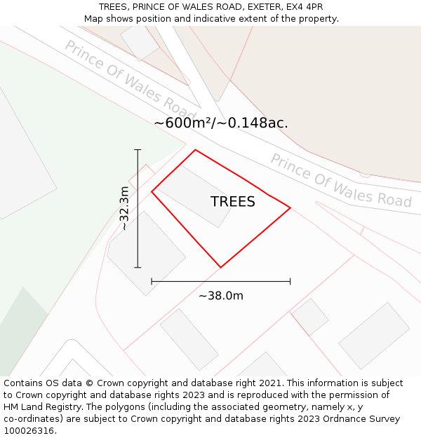 TREES, PRINCE OF WALES ROAD, EXETER, EX4 4PR: Plot and title map