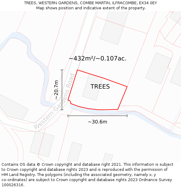 TREES, WESTERN GARDENS, COMBE MARTIN, ILFRACOMBE, EX34 0EY: Plot and title map