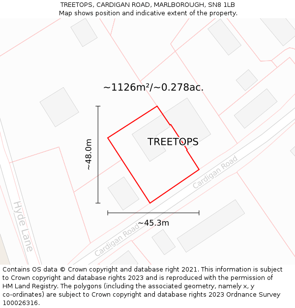 TREETOPS, CARDIGAN ROAD, MARLBOROUGH, SN8 1LB: Plot and title map