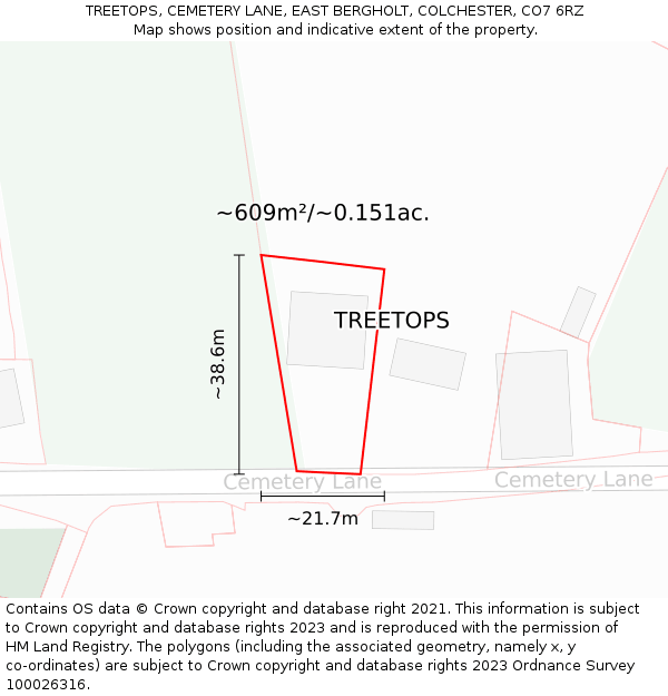 TREETOPS, CEMETERY LANE, EAST BERGHOLT, COLCHESTER, CO7 6RZ: Plot and title map