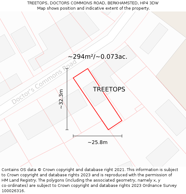 TREETOPS, DOCTORS COMMONS ROAD, BERKHAMSTED, HP4 3DW: Plot and title map