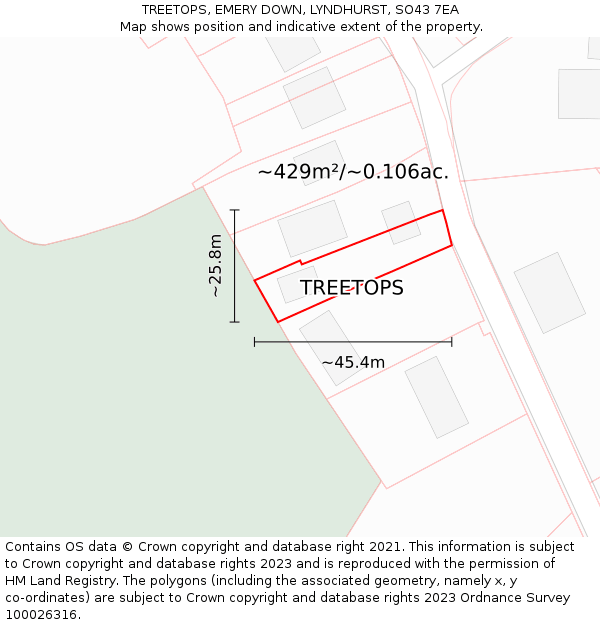 TREETOPS, EMERY DOWN, LYNDHURST, SO43 7EA: Plot and title map