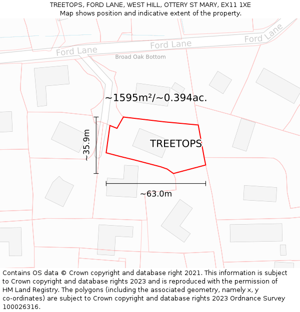 TREETOPS, FORD LANE, WEST HILL, OTTERY ST MARY, EX11 1XE: Plot and title map