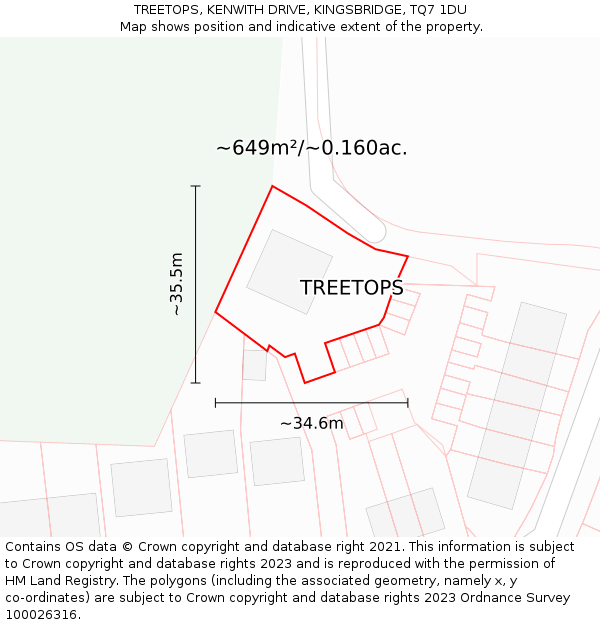 TREETOPS, KENWITH DRIVE, KINGSBRIDGE, TQ7 1DU: Plot and title map