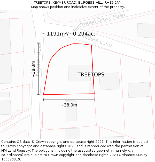 TREETOPS, KEYMER ROAD, BURGESS HILL, RH15 0AN: Plot and title map