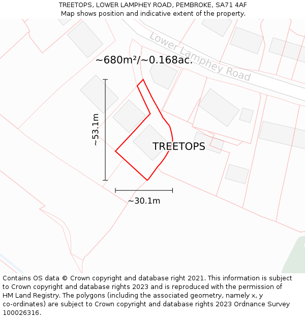 TREETOPS, LOWER LAMPHEY ROAD, PEMBROKE, SA71 4AF: Plot and title map