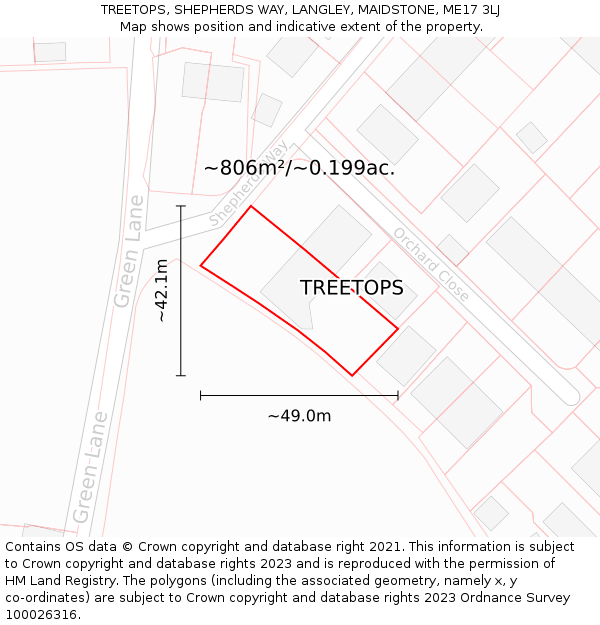 TREETOPS, SHEPHERDS WAY, LANGLEY, MAIDSTONE, ME17 3LJ: Plot and title map