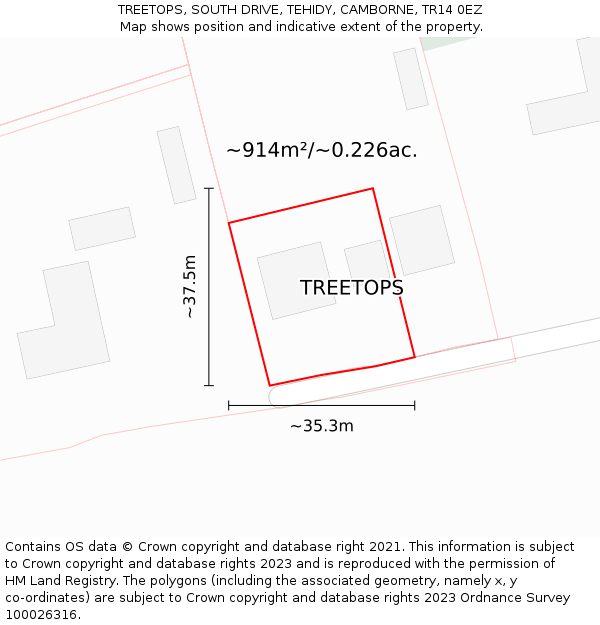 TREETOPS, SOUTH DRIVE, TEHIDY, CAMBORNE, TR14 0EZ: Plot and title map
