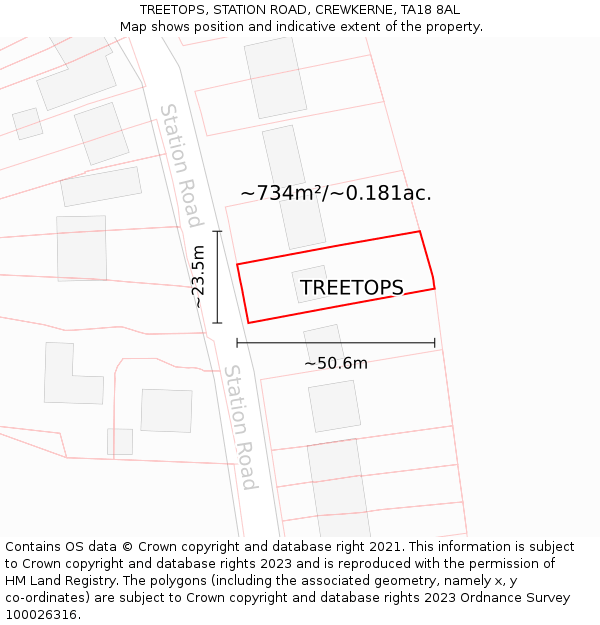 TREETOPS, STATION ROAD, CREWKERNE, TA18 8AL: Plot and title map