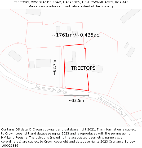 TREETOPS, WOODLANDS ROAD, HARPSDEN, HENLEY-ON-THAMES, RG9 4AB: Plot and title map