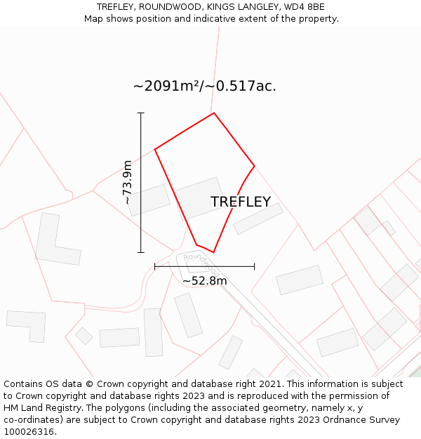 TREFLEY, ROUNDWOOD, KINGS LANGLEY, WD4 8BE: Plot and title map
