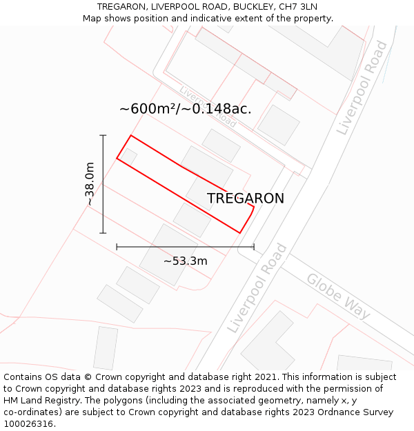 TREGARON, LIVERPOOL ROAD, BUCKLEY, CH7 3LN: Plot and title map