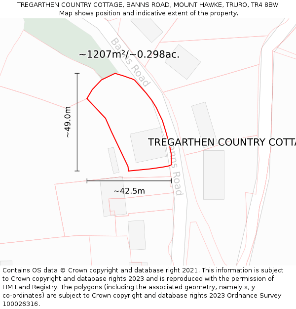 TREGARTHEN COUNTRY COTTAGE, BANNS ROAD, MOUNT HAWKE, TRURO, TR4 8BW: Plot and title map