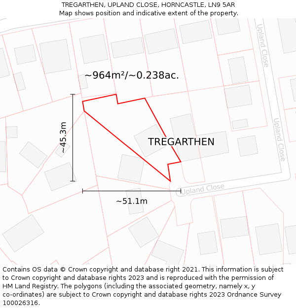 TREGARTHEN, UPLAND CLOSE, HORNCASTLE, LN9 5AR: Plot and title map