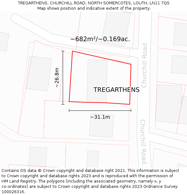 TREGARTHENS, CHURCHILL ROAD, NORTH SOMERCOTES, LOUTH, LN11 7QS: Plot and title map