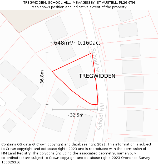 TREGWIDDEN, SCHOOL HILL, MEVAGISSEY, ST AUSTELL, PL26 6TH: Plot and title map