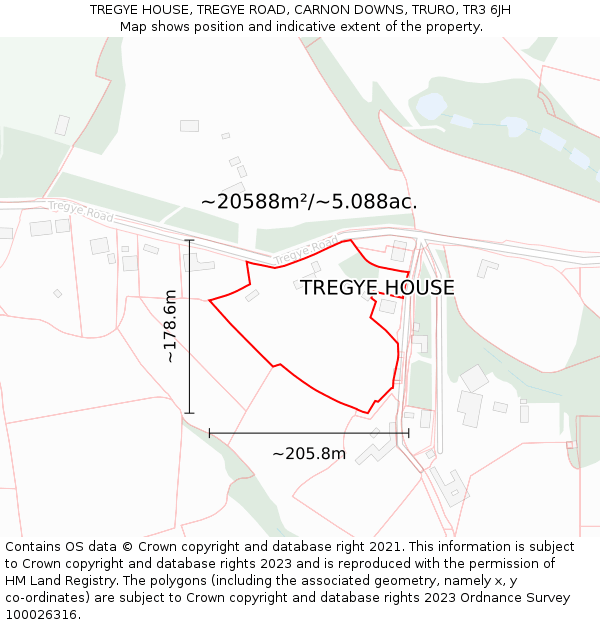 TREGYE HOUSE, TREGYE ROAD, CARNON DOWNS, TRURO, TR3 6JH: Plot and title map
