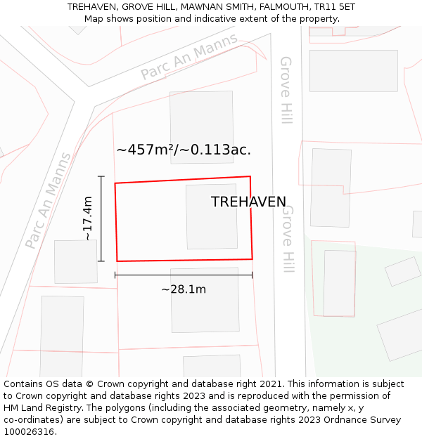 TREHAVEN, GROVE HILL, MAWNAN SMITH, FALMOUTH, TR11 5ET: Plot and title map