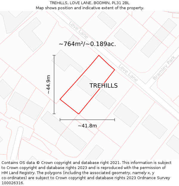 TREHILLS, LOVE LANE, BODMIN, PL31 2BL: Plot and title map