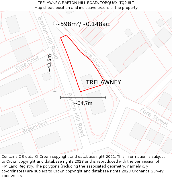 TRELAWNEY, BARTON HILL ROAD, TORQUAY, TQ2 8LT: Plot and title map