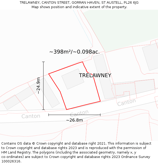 TRELAWNEY, CANTON STREET, GORRAN HAVEN, ST AUSTELL, PL26 6JG: Plot and title map