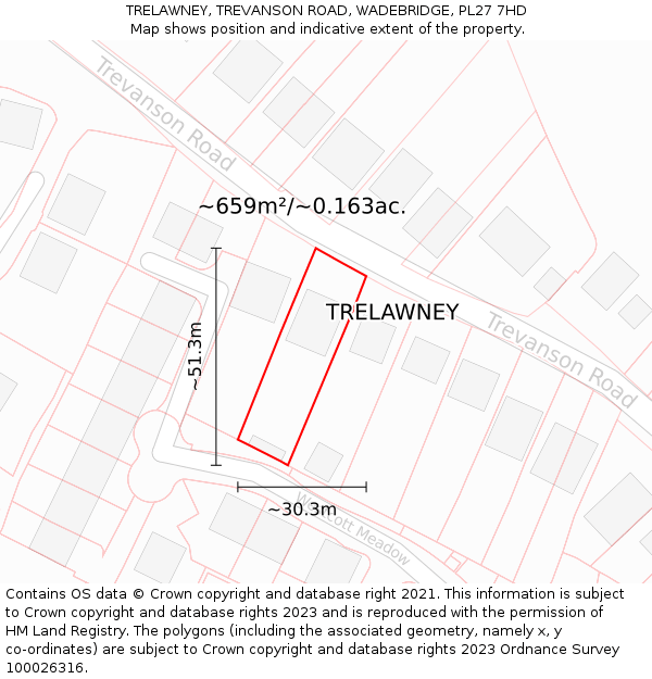 TRELAWNEY, TREVANSON ROAD, WADEBRIDGE, PL27 7HD: Plot and title map