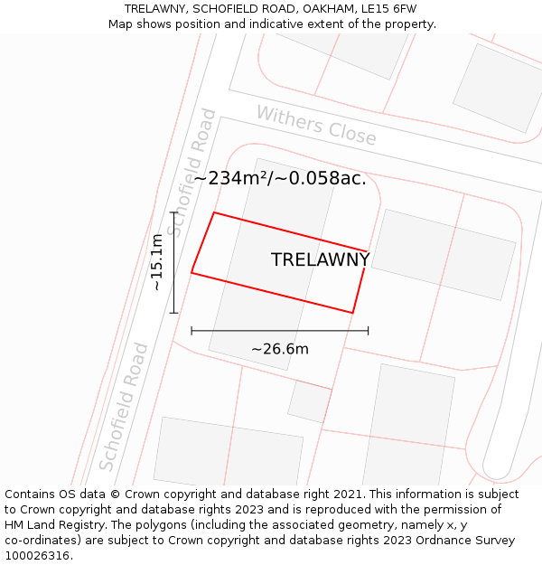 TRELAWNY, SCHOFIELD ROAD, OAKHAM, LE15 6FW: Plot and title map