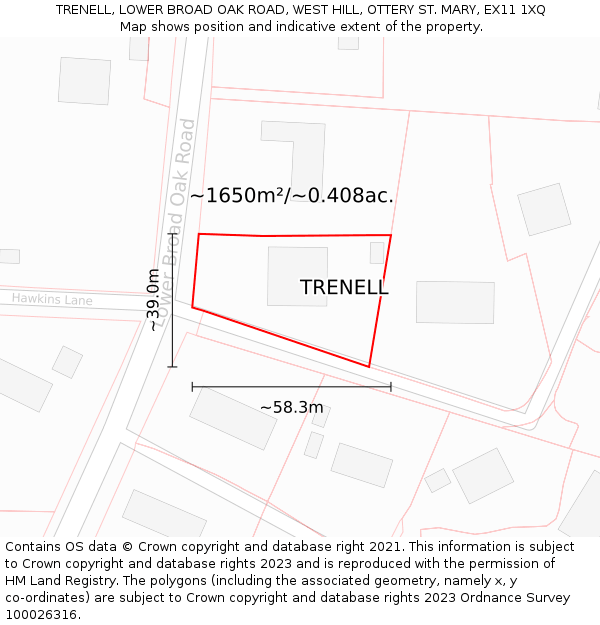 TRENELL, LOWER BROAD OAK ROAD, WEST HILL, OTTERY ST. MARY, EX11 1XQ: Plot and title map