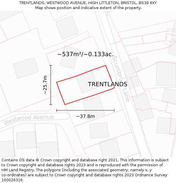 TRENTLANDS, WESTWOOD AVENUE, HIGH LITTLETON, BRISTOL, BS39 6XY: Plot and title map