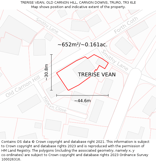 TRERISE VEAN, OLD CARNON HILL, CARNON DOWNS, TRURO, TR3 6LE: Plot and title map